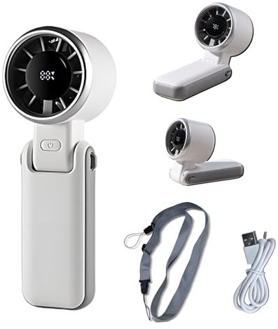 3600mAh Mini Ventilatore Portatile, Ricaricabile Tramite USB Ventilatore 5 Velocità 180° Regolabile con Display LED Ventilatore da Tavolo Pieghevole per Casa Ufficio Camera da Letto (Bianco)