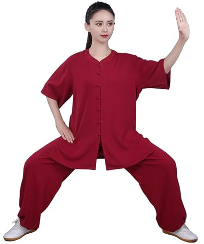 Uniforme de Tai Chi para Mujer, Traje Tradicional Chino de Kung Fu, Ropa de Artes Marciales de Manga Corta para Meditación Zen, Wing Chun/Uso Diario en Casa,Winered-L