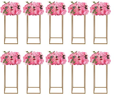 LENJKYYO 10 jarrones de flores doradas de metal con placa acrílica, jarrón de boda, columna de flores, soporte de metal para bodas, centros de mesa, salón, cafetería