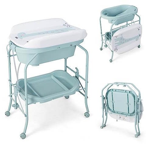 COSTWAY Bañera Bebe con Cambiador 4 en 1, Bañera Cambiador Bebe con Bandeja y 4 Ruedas Bloqueables, Cambiador Bebe Portátil y Plegable con Cesta de Almacenaje, Cojín Impermeable, Carga 35kg (Azul)