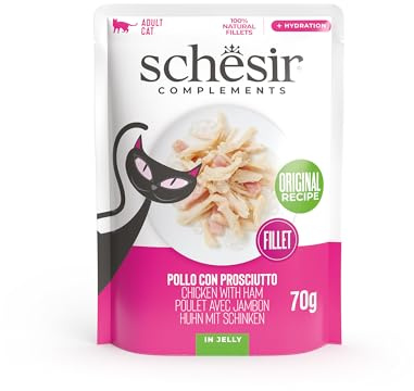 Schesir, Filetes de Pollo y Jamón en Gelatina, en Bolsas, Comida Húmeda Complementaria para Gatos, Receta Original, 100% Natural, 12 x 70g