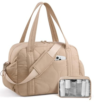 LOVEVOOK Reisetasche Sporttasche Damen, Leicht Puffer Weekender Handgepäck Tasche, Wickeltasche Kliniktasche Geburt, Wasserdicht Duffle Bag Travel Essentials für Flugzeug Reise Sport Gym, Khaki