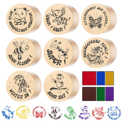 8 Stück Holz Lehrerstempel, Stempelset für Grundschule, Stempel Lehrer mit 6 Farben Stempelkissen, Tier Motivationsstempel für Belohnung Motivation