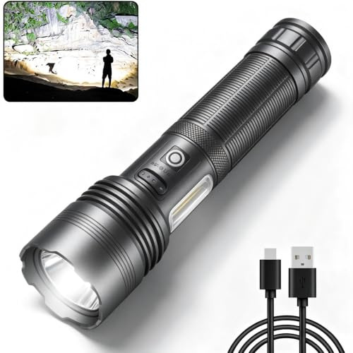 DXHGHYGL Torcia LED Professionale 300000 Lumen Super Luminosa –Potente con Batteria e Cavo USB, Torcia Tattica Portatile Potente, 7 Modalità con Sorgente luminosa XHP70 con di Lavoro COB