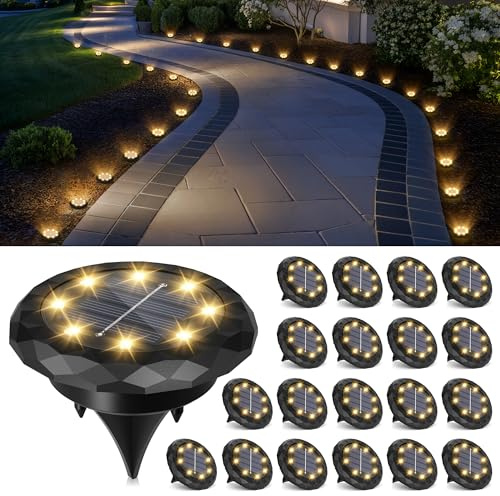 Solpex 20 Pack Solar Lights Outdoor Garden, 8 LEDs Solar Powered Ground Lights, IP65 Waterproof Garden Light for Yard, Patio, Pathway (Warm White)