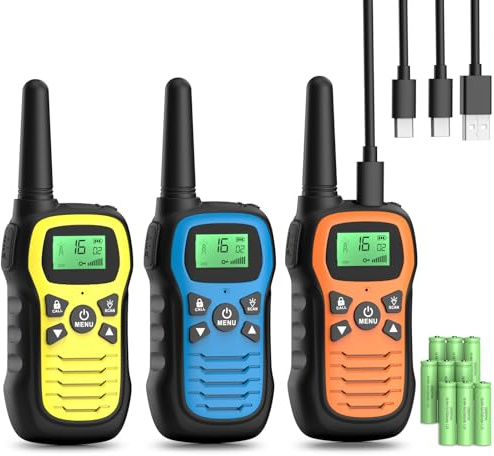 Walkie Talkie, Walkie Talkie Aufladbar für Kinder mit 16 Kanäle, 3er Set Funkgerät mit VOX Funktion, LED Taschenlampe, 3 Meilen Lange Distanz für Wandern Camping Abenteuer