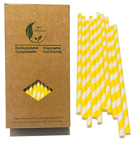 100 PackLemon Yellow Straws, Light Yellow Striped Paper Straws for Drinking Cocktail, Juice and Coffee (6x197mm)