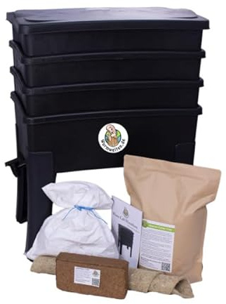 Wurmfarm Starter Set Wurm Cafe – Wurmkomposter aus recyceltem Kunststoff – 105L Wurm Café mit 3 Etagen – Inkl. 1000 Kompostwürmer & Ablasshahn für Wurmtee – Für Küche, Garten & Balkon