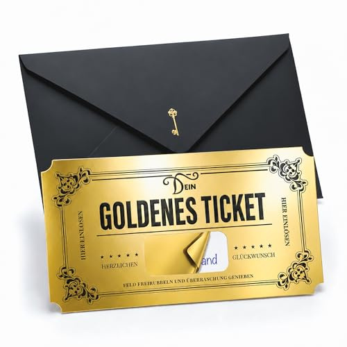 Goldenes Ticket Gutschein zum selber ausfüllen mit Rubbelaufkleber – Gutscheinkarten zum Selbstausfüllen, Rubbelkarten zum selber beschriften, Weihnachtskarten, Geburtstagskarte, Reisegutschein
