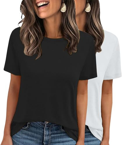 LOOKFACE 2 Pack Womens Basic T Shirts Summer Tops 2026 Short Sleeve Tees Comfy Casual Vacation Clothes Black White Medium