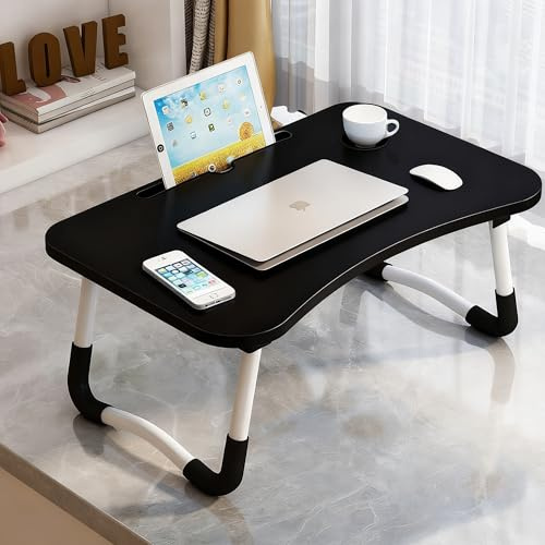 Bandeja para Cama Plegable: Mesa para Cama y Sofá con Portavasos, Mesa Cama Ordenador en Tablero MDF y Metal, 50x30x23 cm (Negro)