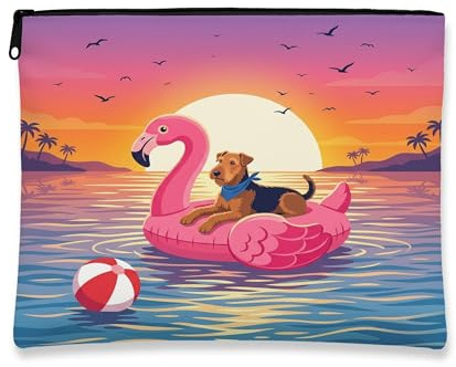 Funny Airedale Terrier Dog Makeup Bag, Flamingos Lifebuoys Sea Printed Cosmetic Travel Pouch for Women, Pet Portable Small Canvas Zipper Organizer 7x9 Inch