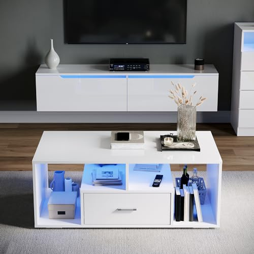 SONNI Couchtisch mit Schublade Ablagefach LED (16 Farben) 100×55×40cm Weiß | Kaffeetisch, Hochglanz, Verstellbare Leuchten, Sofatisch, Beistelltisch für Schlafzimmer, Wohnzimmer