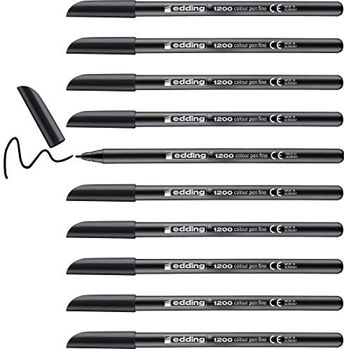 Edding 1200 colour pen fine - black - 10 pens - round tip 1 mm - felt-tip pen for drawing and writing - for school or mandala