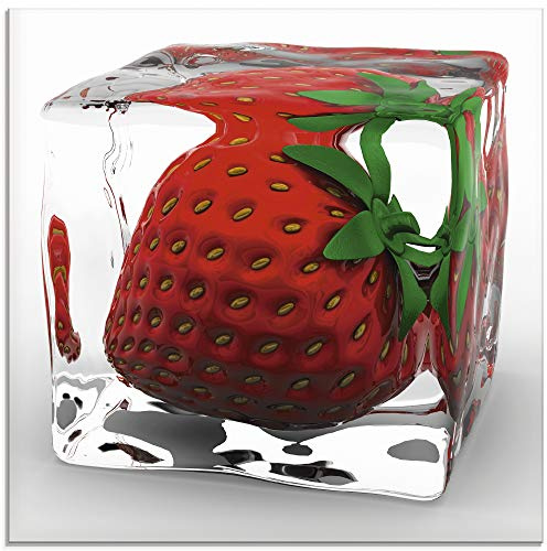 ARTland Wanddeko Glasbilder Wandbild Glas Bild einteilig Quadratisch Früchte im Eiswürfel Obst Cocktails Bar Erdbeere Rot T5OU