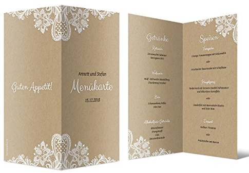 10 x Hochzeit Menükarten Menü Speisen Getränke - Rustikal Kraftpapier Look DIN Lang Klappkarte