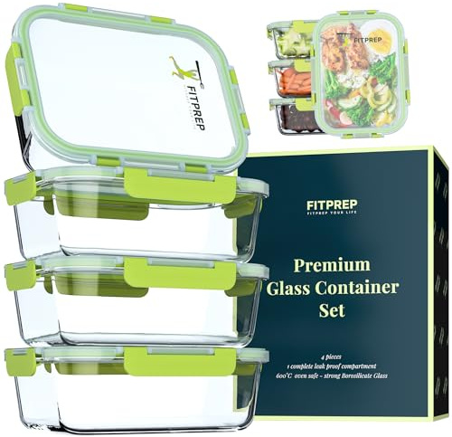 FITPREP Glasbehälter mit Deckel 8 teiliges Set [4 Vorratsdosen + 4 Abdeckungen] Premium Vorratsdosen mit Deckel luftdicht für Meal Prep, 880ml, Meal prep boxen, Lunchbox, nachhaltig & vielseitig.