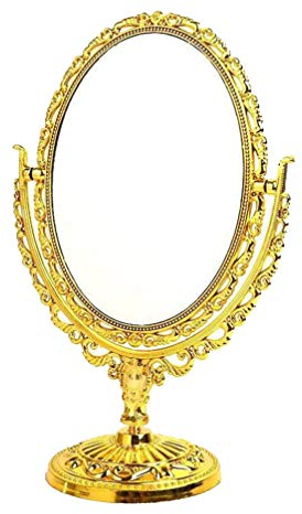 VOSAREA Espejo de tocador, Tablero de la Mesa, Espejo cosmético de Doble Cara, Espejo cosmético Antiguo, Retro Europeo, Espejo Ovalado Giratorio para Cuarto de baño Dormitorio (Dorado)