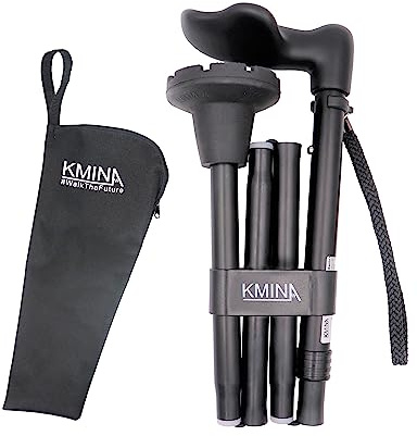 KMINA Bastón Plegable Ortopédico (x1 ud, Mano Izquierda), Ergonómico con Base Grande, Altura Regulable, Mujer y Hombre, Negro