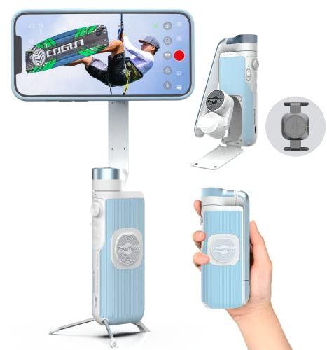 PowerVision S1, Gimbal Smartphone,3-Achsen-Telefonstabilisator mit eingebautes Stativ, kabelloser Powerbank und AI Tracking von Gesichtern, für Vlogging oder TikTok (Explorer Kit, Blau)