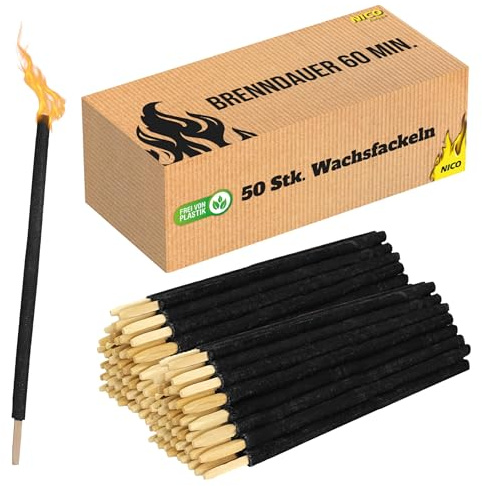 Nico Feuerwerk® Lot de 50 torches de cire, durée de combustion de 60 minutes, torches en cire de qualité supérieure avec protection des mains pour adultes et enfants, torche de jardin pour fêtes en