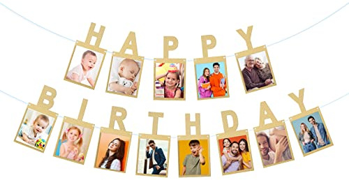 Happy Birthday Banner with Photo Inserts – 13 Gold Sparkle Letters with 4x6 Photo Slots, Shimmering Cardstock Paper Banner for Wall Decor, Personalized Party Decoration for Women Men Kids Adults