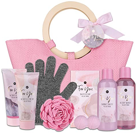Accentra Badeset PINK ROSE in Handtasche, Duschgel, Bodylotion, Schaumbad, Körperpeeling, Seife, Badebombe, Schwamm & Peeling-Handschuh, Wellness Geschenkset für Frauen zu Geburtstag und Valentinstag