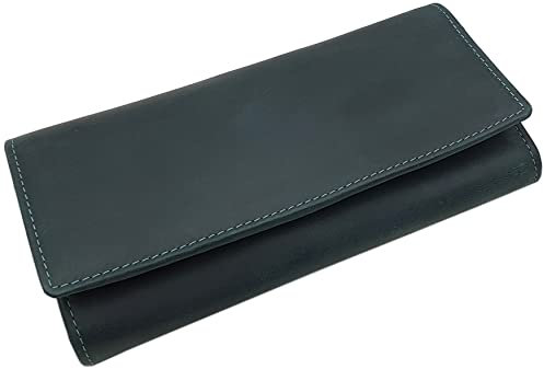 myledershop Große Vollrindleder Damen Geldbörse/Geldbeutel/Portemonnaie/Geldtasche/Portmonee mit RFID & NFC Schutz inkl. Nähset (Ohne Prägung/Dunkelgrün)