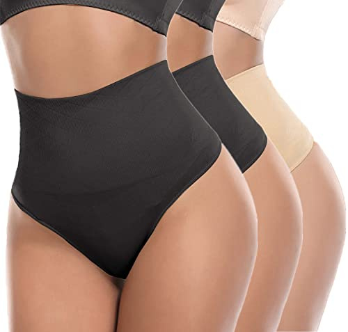SOLO ACTFIT Faja Tanga Braga Reductora Braguita Moldeadora Adelgazante Cintura Alta Thong String Vientre Plano Braguitas Abdomen Shapewear para Mujer (L, Negro*2+Beige*1)