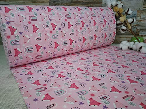 240cm Extrabreit Popeline Baumwolle Stoff Meterware ab 50cm 100% Baumwollstoff Stoffe Bastelstoff ÖKO-TEX Ranforce Kinderstoffe Stoffe Kinder Tiere Babystoffe Baby Regenbogen Fuchs VP0K023 (Rosa)