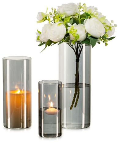 Inweder Glass Cylinder Flower Vases: Grey Vase for Table Centrepieces Modern Vases for Flowers Decorative Hurricane Candle Holder for Wedding Living Room Home Decor