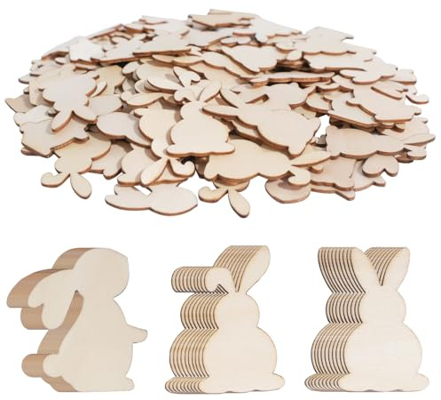 DLUSZERT 120 Stück Ostern Hasen Holzscheiben zum Basteln, 4CM Osterhasen Holz Streudeko, Kaninchen aus Holz Häschen Konfetti, Holzhasen für Ostern Party Tischdeko Osterndekoration DIY