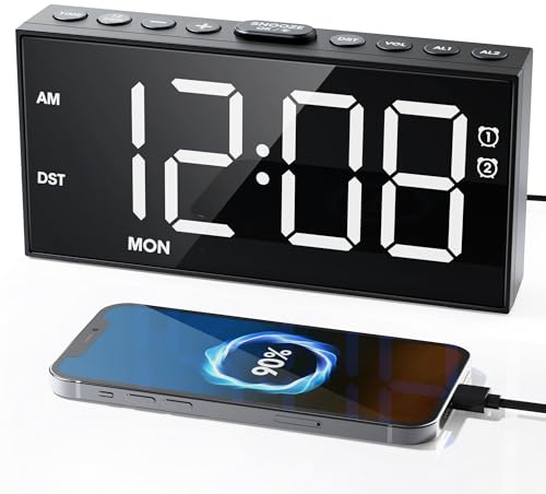 Roxicosly Wecker Digital, Große Ziffern Display, Lautstärke & Helligkeit Einstellbare, Doppelalarm, Snooze, Netzbetrieben, USB-Ladegerät, Einfache Operation