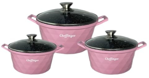 Tris casseruole diamantate in pietra lavica e induzione misura 20/24/28 colore rosa