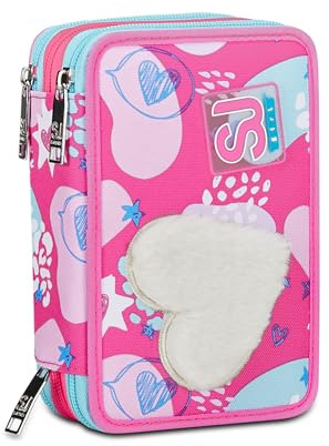 SJ Gang Astuccio Scuola 3 Zip, Rosa, Pinkfur, Portapenne Triplo Scomparto Completo Di Penne, Matite, Colori, Accessori Zaino, Elementari, Medie, Bambina, 30C202431-5C1