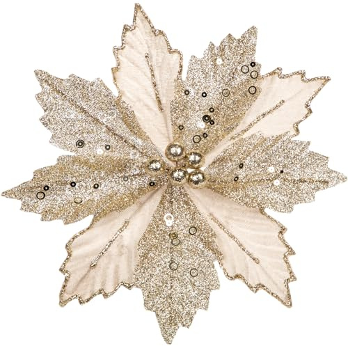 Arborus 8 Stück Künstliche Weihnachtsblumen Künstlicher Weihnachtsstern | Glitzer Christbaumschmuck Champagner Kunstblume mit Clips Künstliche Blumen für Weihnachtsbaum Weihnachtskranz Weihnachtsdeko