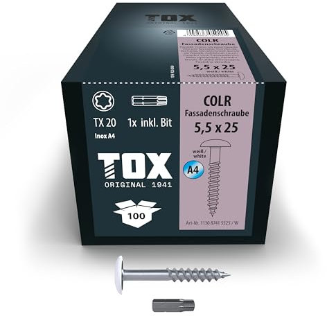 TOX Fassadenschrauben COLR 5,5 x 25 mm, Schrauben für Fassadenplatten aus Edelstahl A4 mit farbigem Tellerkopf, korrosions- und UV-beständig, 100 Stück im Karton, inkl. 1x Bit, 113087415525/W
