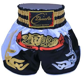 FEESHOW Barn, pojkar, MMA-boxshorts, muay thailändsk fight, shorts, burstrippling, kampsport, kickboxing, shorts, träningsbyxor, retroshorts, Vit och svart, 170