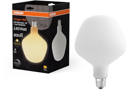 Osram Vintage 1906 Big Apple ist eine dimmbare LED-Lampe mit Filament in Apfelform. Sie bietet 7.3 W für 806 lm, E27 Fassung, Frosted Glas, 135 mm Durchmesser, Farbwiedergabe CRI 80, 2700 K, EEK E. | LED-Lampen, 135,00 mm Durchmesser, 1 Stück