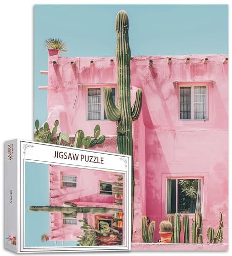 Tucocoo Maison rose – Puzzle de 1 000 pièces pour adultes, cactus vert de style vintage, jeux d'activités familiales, puzzle coloré pour décoration d'intérieur