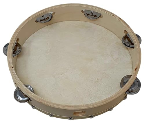 ROCKSTAR - Pandereta de Mano en Madera Color Natural TH1006T con Parche 6 Sonajas, (10) 25cm, Pandereta Jingle. Instrumento de Percusion