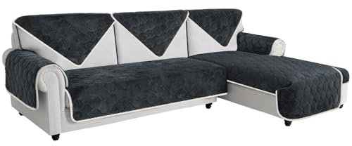 Easy-Going Luxuriöser Samt Sofa Couch Überzug 3 Sitzer, 1 Stück Rutschfester Sofabezug Ecksofa L U Form, Waschbarer Sofaschutz Hund Katze, Sofa Chaiselongue Cover, 90x180 cm/36x70 in, Dunkelgrau