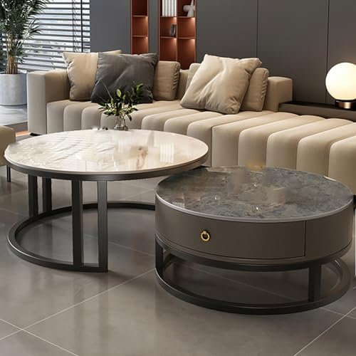 Couchtisch Rund Kaffeetisch Wohnzimmer mit Schubladen Marmor Furnier Sofatisch Einfach zu Montieren Runde Couchtische Kaffeetisch für Wohnzimmer Schlafzimmer Heimdekoration.(White-gray,80x45+60x40cm)