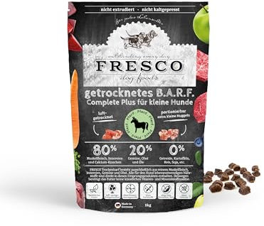 Fresco Trockenbarf Complete Plus Pferd | 1 kg | Trockenbarf für Kleine Hunde | Bestehend aus reinem Muskelfleisch, Innereien und Calcium-Knochen vom Pferd sowie Obst, Gemüse und Öl