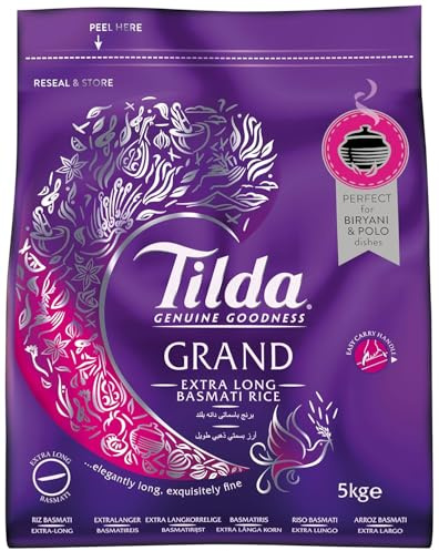 Tilda Grand Basmati Reis 5kg – Extra langer Premium Langkorn Basmati Reis, ideal für Biryani & Polo – Perfekte Körner aus dem Himalaya, Großverpackung für besondere Anlässe mit Kajal Sticker