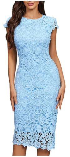 Zeiayuas Cocktail Dress for Women UK Lace Floral Bridesmaid Midi Dress Short Sleeve Bandage Prom Ball Gowns Party Club Dresses Ladies Evening Dress Wedding Guest Outfits Blue