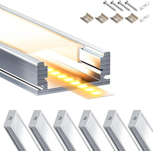 LASLUX LED Aluminium Profil 6 x 2m(12m) Aluminium Oberflächenprofil für LED Streifen bis 12 mm Breite mit milchweißer PC Abdeckung und Zubehörset(SP26)