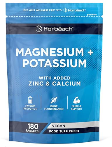 Magnesium Kalium Komplex mit Calcium Zink | 6 Monate Vorrat - 180 Vegane Tabletten | Hochdosiert | Basenpulver Tabletten | von Horbaach