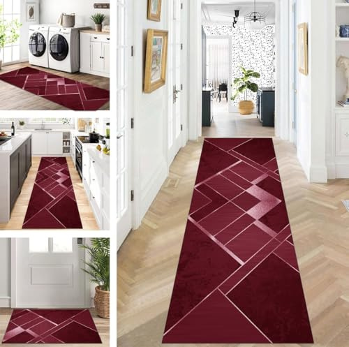 ZUZEKU Läufer Flur Küche Waschbar rutschfest 60X120cm Vintage Wein rot Lang Küchenteppich Flurteppich Teppich Fur Korridor Wohnzimmer Schlafzimmer Meterware Anpassbar