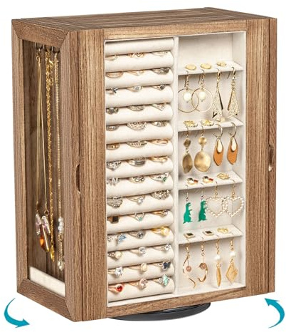 Emfogoo Schmuckkästchen 360° drehbar, große Schmuckschatulle aus Holz, 5 Schubladen, Glastür, Aufbewahrungsbox, Organizer für Schmuck, für Halsketten, Ohrringe, Ringe, Armbänder (Braun)